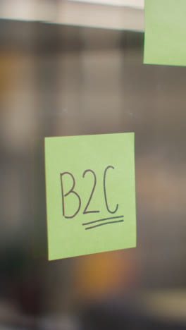 Vertical-Video-Close-Up-Of-Woman-Putting-Sticky-Note-With-B2C-Written-On-It-Onto-Transparent-Screen-In-Office-